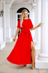 Ladies Chiffon Sleeve Crew Neck Front Slit Floor Length Bridesmaid Evening Dress Wedding Party Evening Dress 28124-numbersea