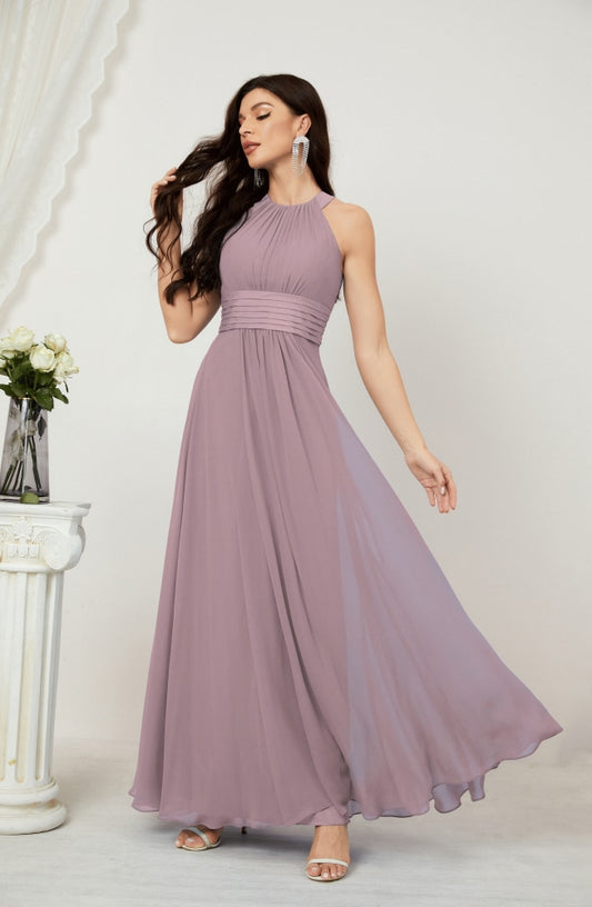 Numbersea Formal Party Gown Dress Chiffon Halter Long Sleeveless Bridesmaid Dresses 2802 Dusty Rose
