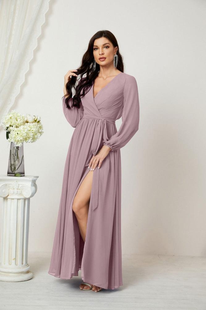 NumberSea-Numbersea Evening Dresses Deep V-Neck Chiffon Bridesmaid Dresses Long Bishop Sleeve Side Split Formal Dress 2806 NumberSea-Numbersea Evening Dresses Deep V-Neck Chiffon Bridesmaid Dresses Long Bishop Sleeve Side Split Formal Dress 2806