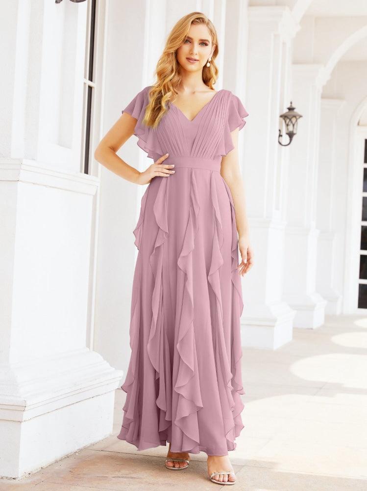 NumberSea-Ruffled Bridesmaid Dresses with Sleeves Long Formal Party Dress 28041