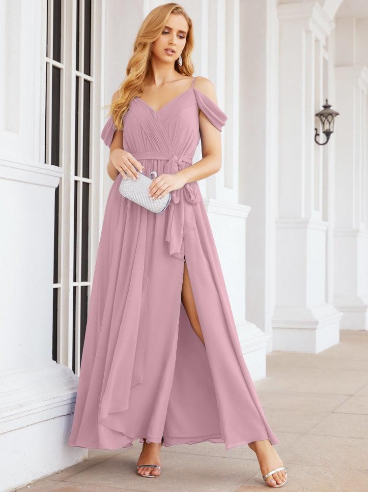 NumberSea-Numbersea Off The Shoulder Chiffon Bridesmaid Dress Long Formal Graduation Gown with Cowl Back 28069