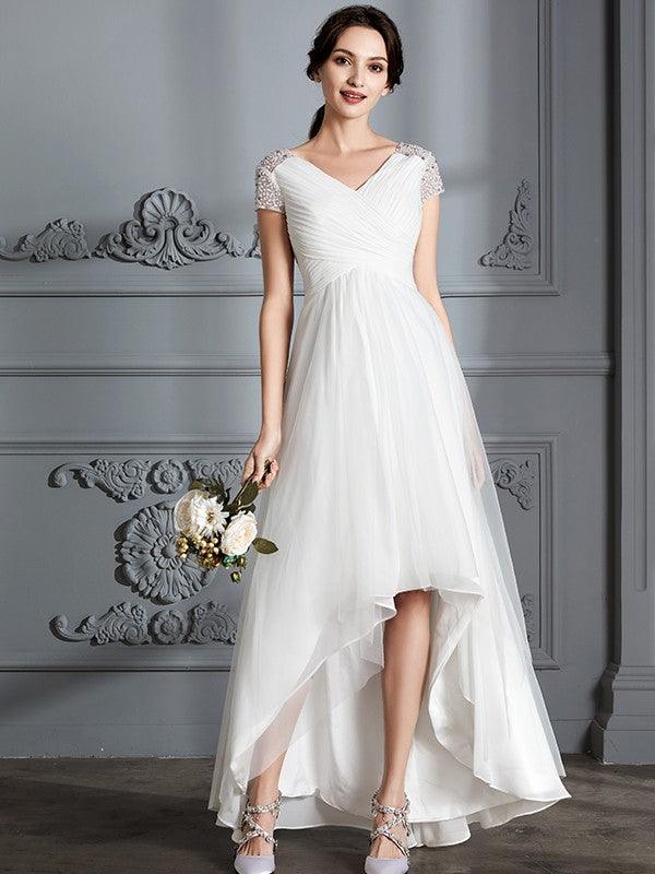 short asymmetrical wedding dresses Asymmetrical short wedding dress in blush, Hi low short bridal dress, Modern Chic wedding dress with flowers, Fairy summer dress