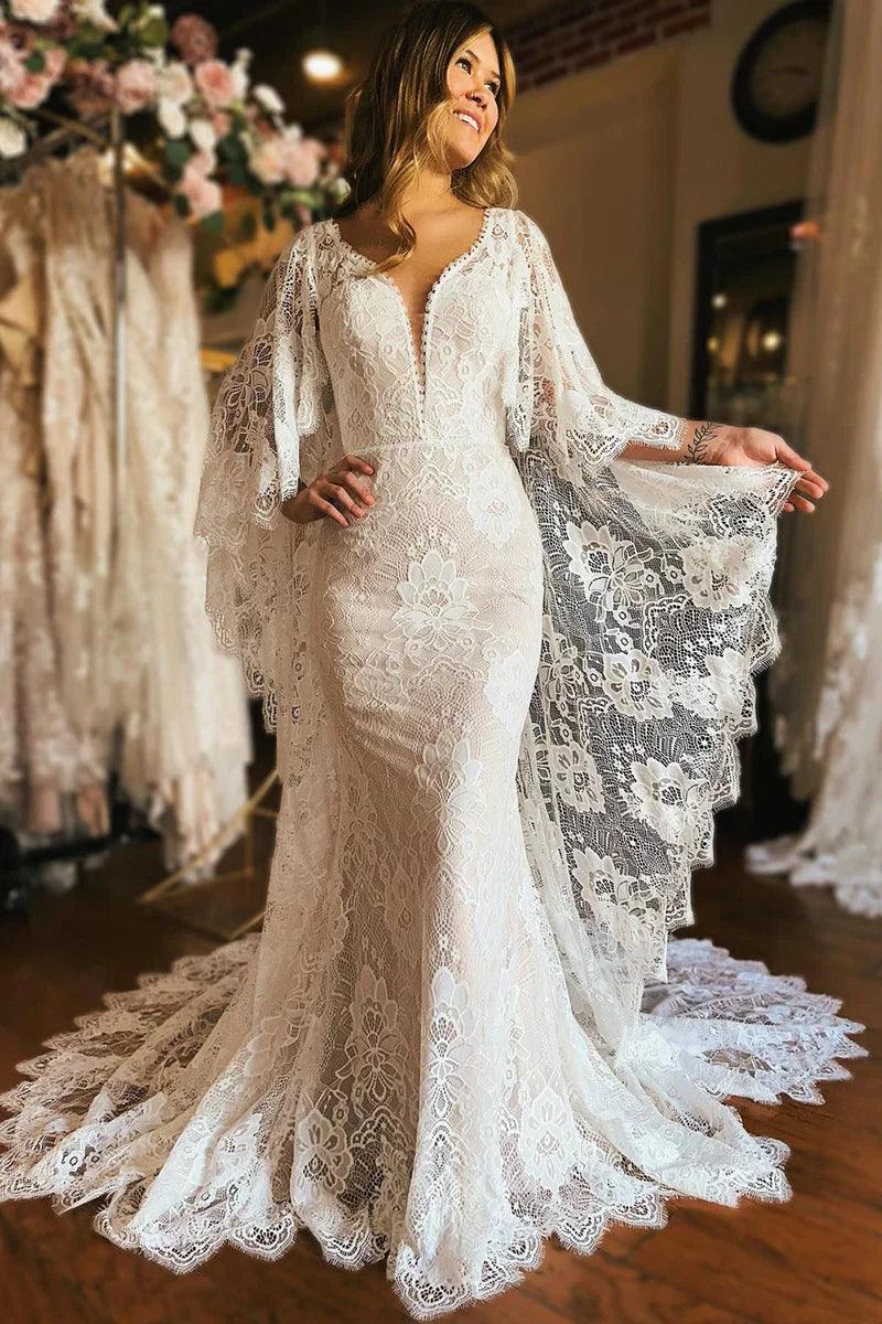 NumberSea-Wedding Dress Ivory Long Sleeve Cape Lace Mermaid with Appliques US 24W / UK 28 / EU 54 / As picture