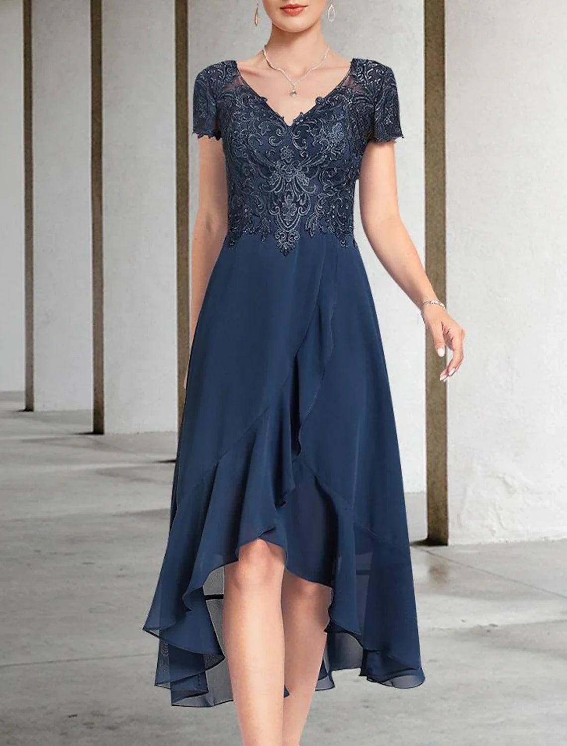 NumberSea-Wedding Guest Dress Elegant High Low V Neck Length Chiffon Lace Short Sleeve with Tier Mother of the Bride Dress Navy Blue