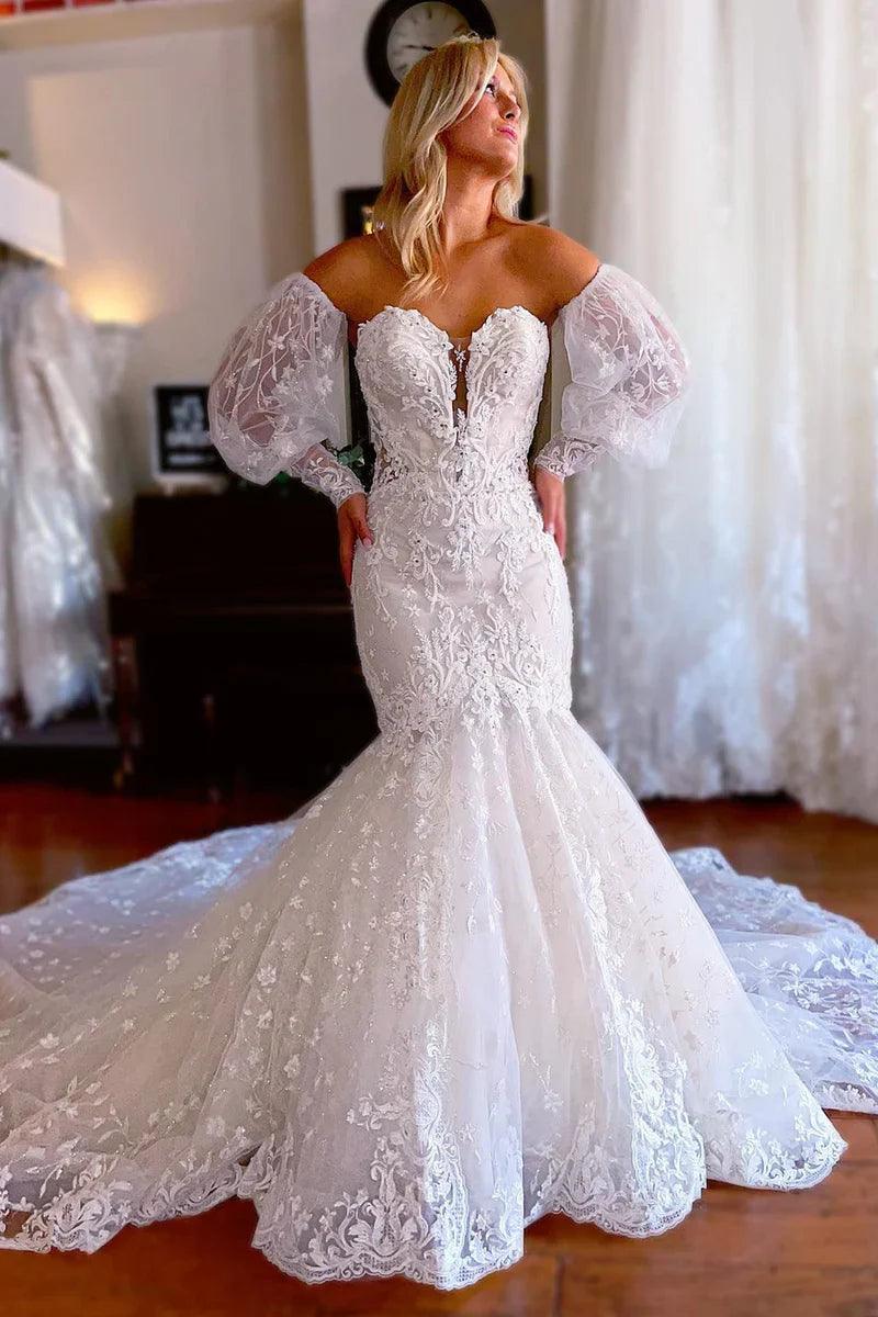 NumberSea-Wedding Dress Sparkly White Mermaid Detachable Long Sleeves Lace US 20W / UK 24 / EU 50 / As Picture NumberSea-Wedding Dress Sparkly White Mermaid Detachable Long Sleeves Lace US 20W / UK 24 / EU 50 / As Picture