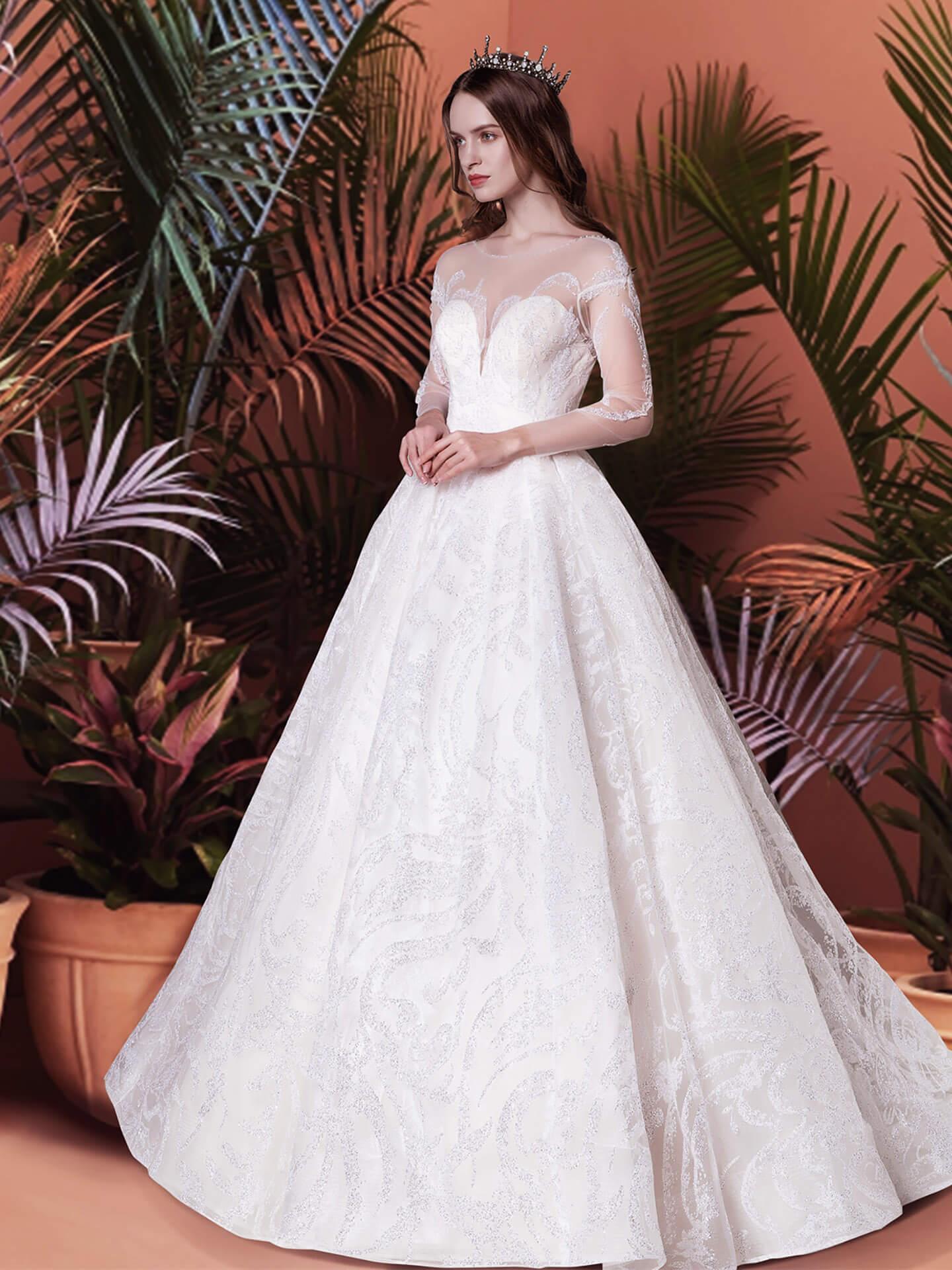 NumberSea-A classic Ball Gown with Sweetheart Neckline Sexy V-back Long See Through Sleeves Ivory NumberSea-A classic Ball Gown with Sweetheart Neckline Sexy V-back Long See Through Sleeves Ivory