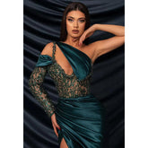 Sexy & figurbetontes One-Shoulder-Träger-Kleid mit Perlenbesatz, transparenten Falten, grün, lang, formelle Kleidung