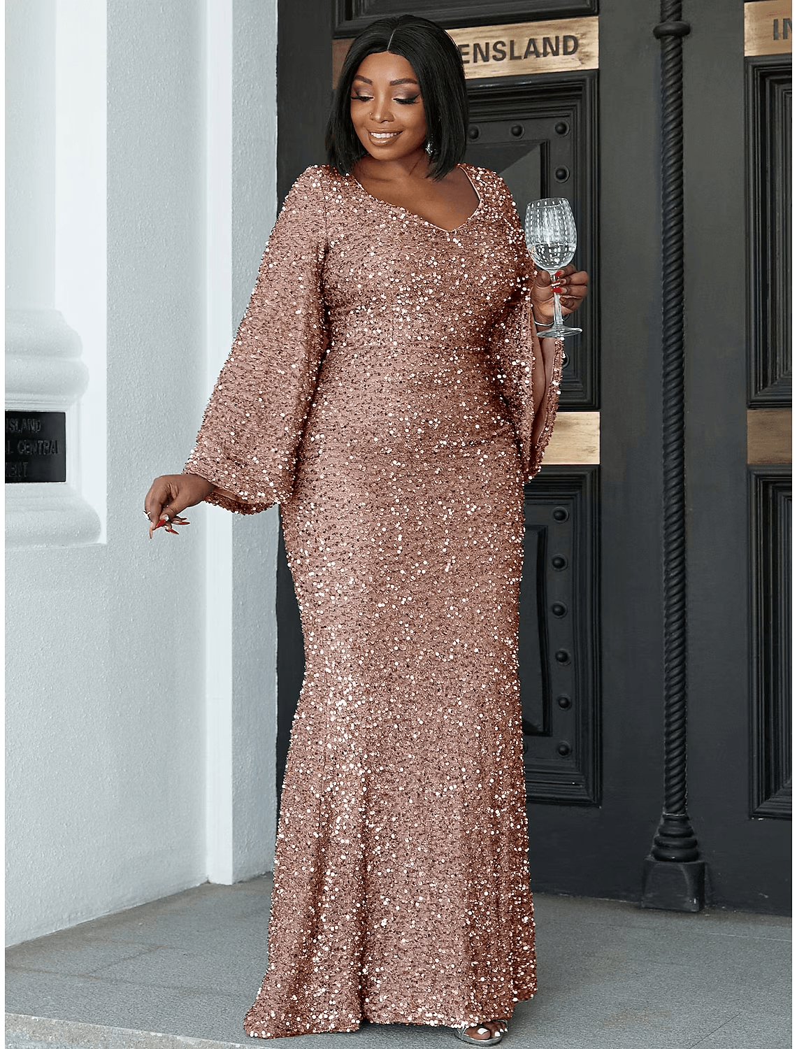 NumberSea-Mermaid / Trumpet Wedding Guest Dresses Plus Size Dress Cocktail Party Floor Length Long Sleeve Scoop Neck Sequined with Glitter