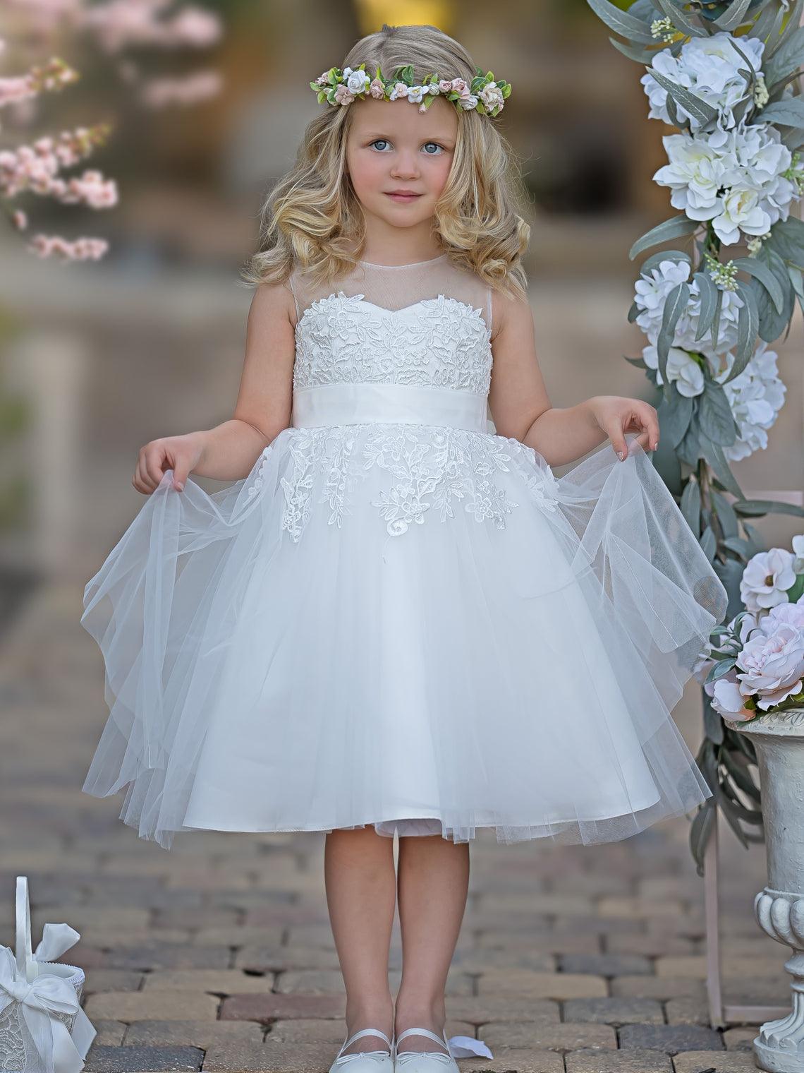 knee length first communion dresses Lace Tulle Knee-length Flower Girl Dress including veils Color:Grn/Blu Tropical x-sibling-handle:solene-mini-dress-black Women's Halter Formal Dresses