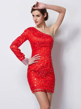 Vestido de fiesta corto de satén elástico con escote tubo, un hombro, mangas largas y cuentas