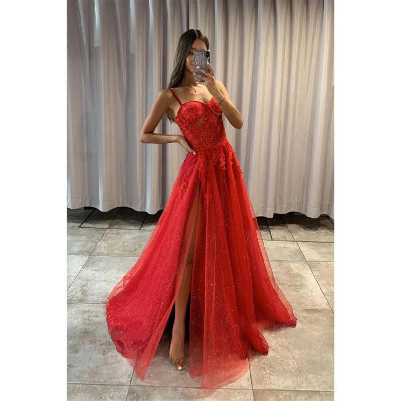 NumberSea-Women'traps Red Tulle Appliques Long Prom Dress with Slit