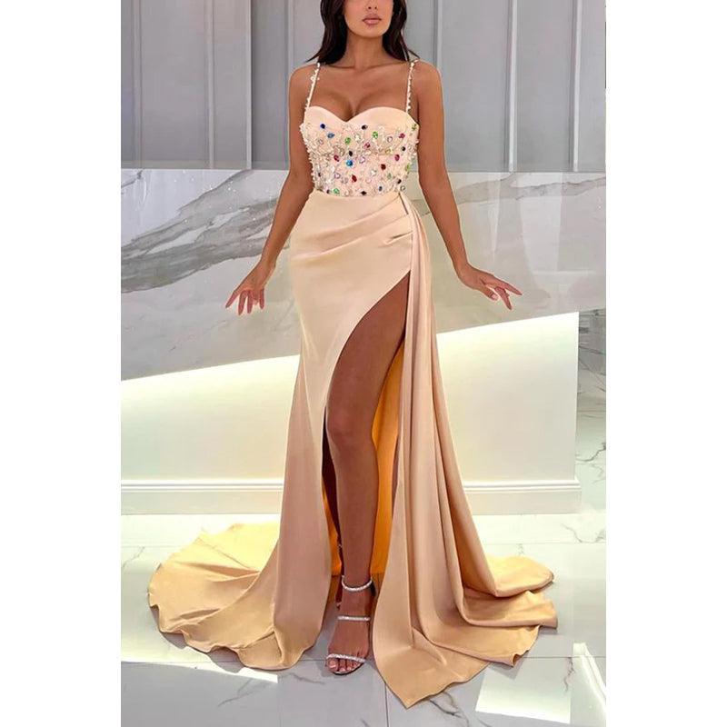 NumberSea-Sweetheart Spaghetti Straps Beaded Ruched Satin Sheath Evening Dress
