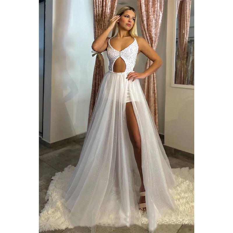 NumberSea-Plunging V-neck Sequins Detachable Skirt Long Prom Dress