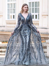 Numbersea Vestidos de noche formales de moda con escote en V y manga larga hasta el suelo con corte sirena o trompeta