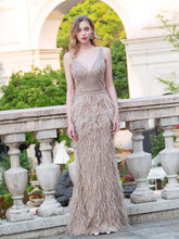 Numbersea Vestido de noche formal de lujo de moda con escote en V y plumas y cuentas, estilo sirena, largo hasta el suelo, sin mangas