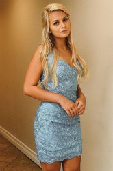 V-Neck Sheath Lace Homecoming Dress With Lace PZF3YCMA