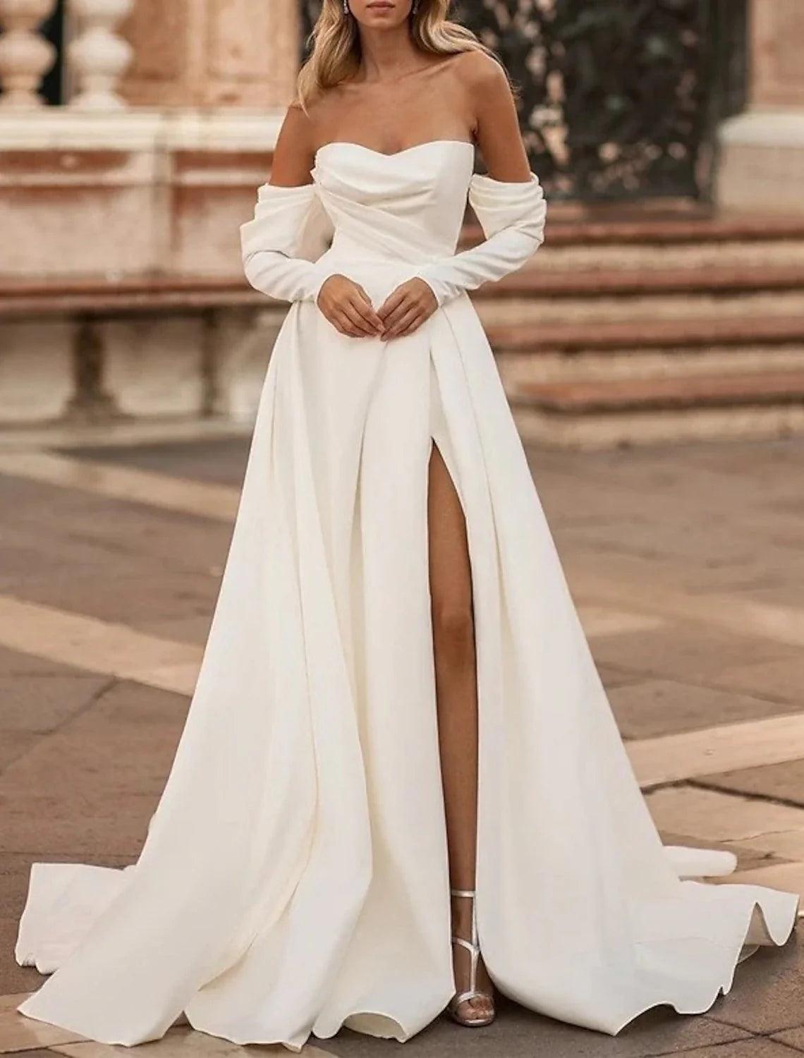 simple off the shoulder long sleeve wedding dress NumberSea-Simple A-Line Court Train Satin Dresses Bridal Gowns Size:Juniors/Women 00 plus size vacation dress ensuring you feel like Long Wedding Dress cd717w