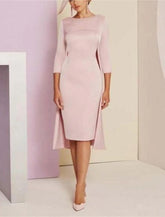 Zweiteiliges, elegantes Etuikleid für formelle Hochzeitsgäste, elegantes Kleid mit Rundhalsausschnitt, knielang, mit Pailletten besetzt, italienischer Satin, 3/4-Ärmel, mit Kristallen und Perlen besetzt, Kleid für die Mutter der Braut