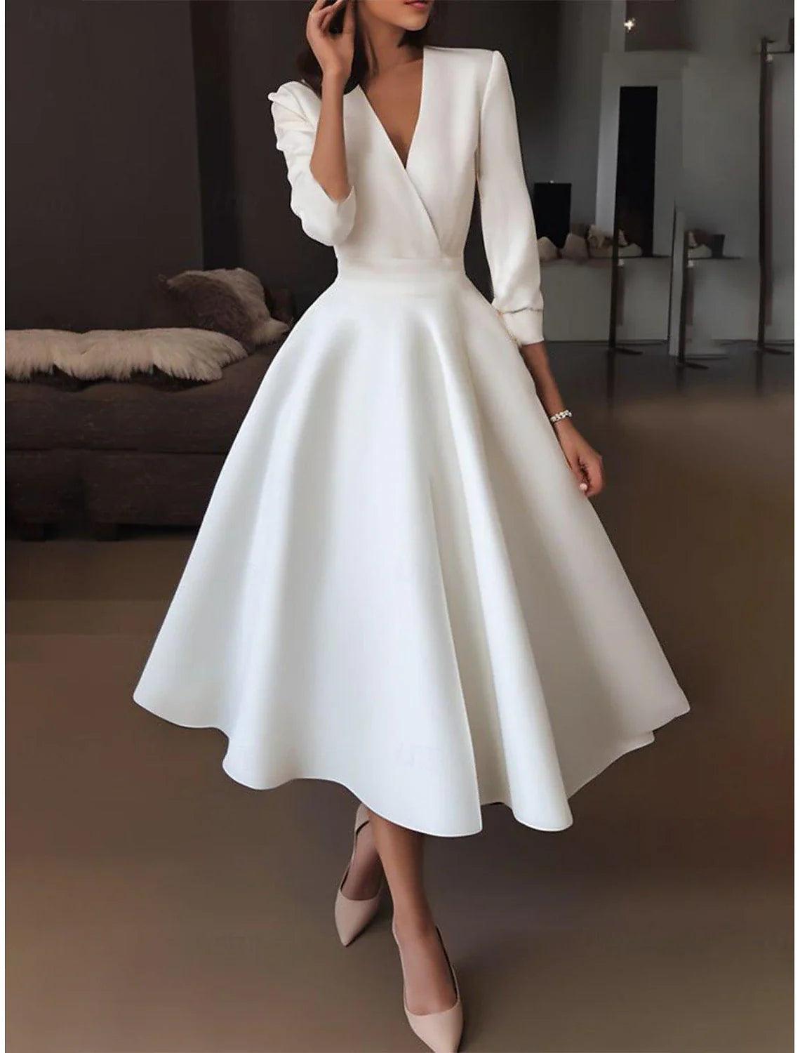 NumberSea-Simple Little White Dress A-Line V Neck Half Sleeve Tea Length Satin Wedding Dresses Bridal Gowns
