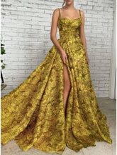 Abendkleid mit hohem Schlitz, Hofschleppe, ärmellos, Spaghettiträger, Pailletten und Glitzerfalten, gerüschtes Abendkleid