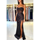 Spaghetti Straps Sweetheart Black Sheath Long Formal Evening Dress with Slit