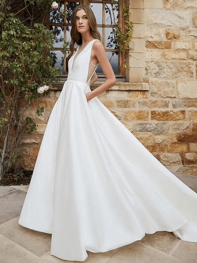 NumberSea-Sexy Wedding Dresses Chapel Train Ball Gown Sleeveless V Neck Cotton Bridal Suits with Pocket Solid Color