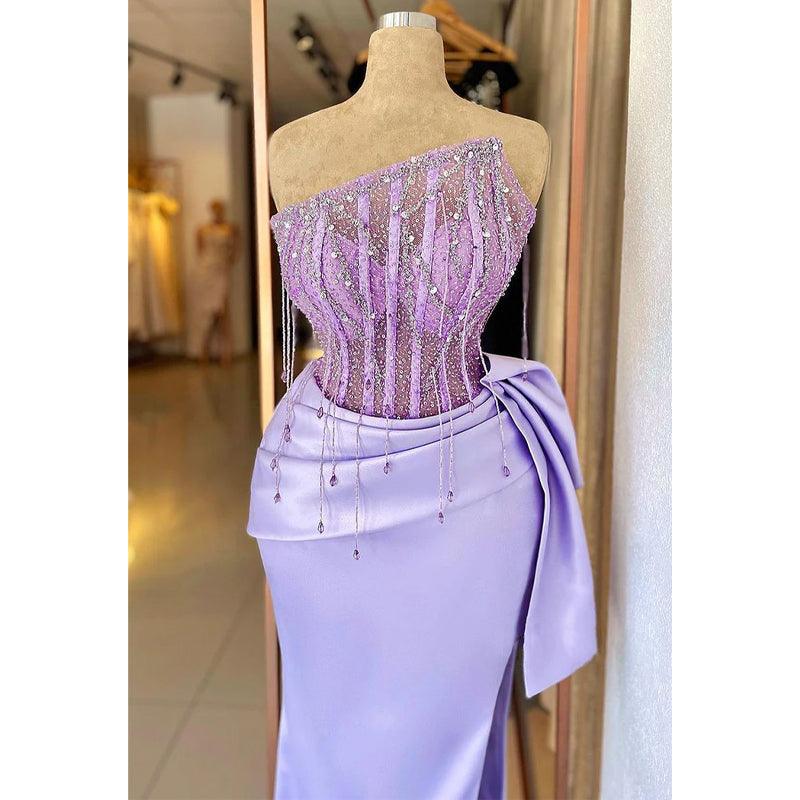 NumberSea-Plunging Strapless Beaded Fringe Lilac Sparkly Pleats Long Prom Dress NumberSea-Plunging Strapless Beaded Fringe Lilac Sparkly Pleats Long Prom Dress