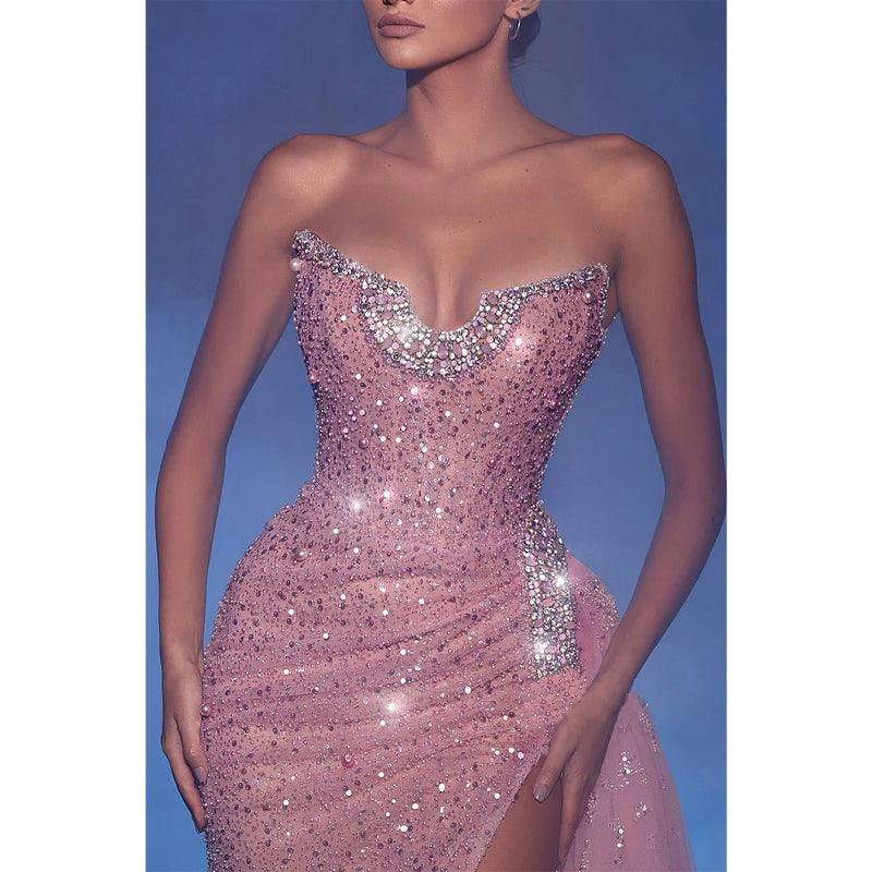 green emerald velvet dress NumberSea-Glitter Fitted Strapless Sleeveless with Side Slit Sequined Party  Prom Evening Dress