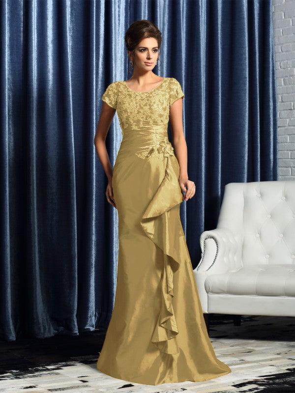 NumberSea-Mother of the Bride Dresses Mermaid Beading Short Sleeves  Applique Long Taffeta