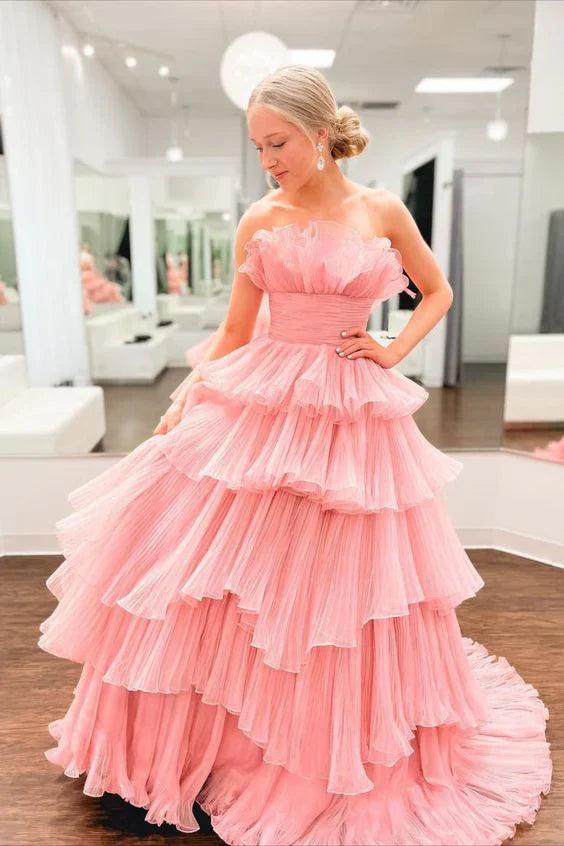 NumberSea-Prom Dress A Line Strapless Princess Tulle Layers Ruffles Long