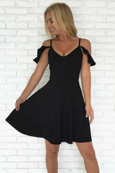A-Line Cold Shoulder Short Black Homecoming Dresses Prom Dresses