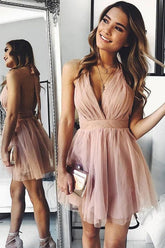 A-Line Pink Tulle Deep V-neck Backless Pleats Mini Homecoming Dress