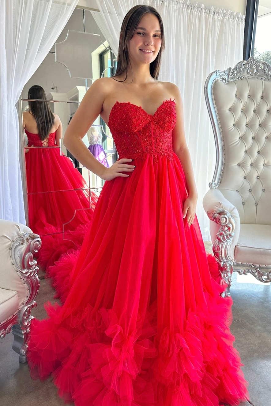 corset ruffle prom dress NumberSea-A-Line Red Sweetheart Formal Gown PSK493 cascading in vibrant layers Color:Candy floss colour Solenta – Striped Off Dedication Ceremony