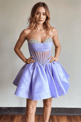 A-line Strapless Sheer Corset Bodice Lavender Homecoming Dress PD539