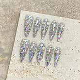 Factory Direct Sale French Pointed Long Water Drop Shape Colorful Shiny Rhinestone Design Artificial False Nails