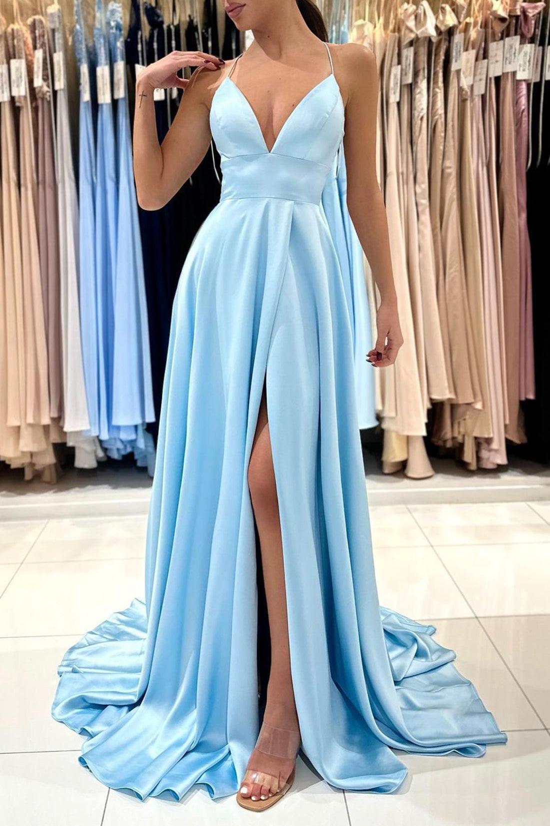 blue dress for baby girl Simple A Line Green Satin Long Prom Dress with High Slit, Long Green F –  abcprom main image 1