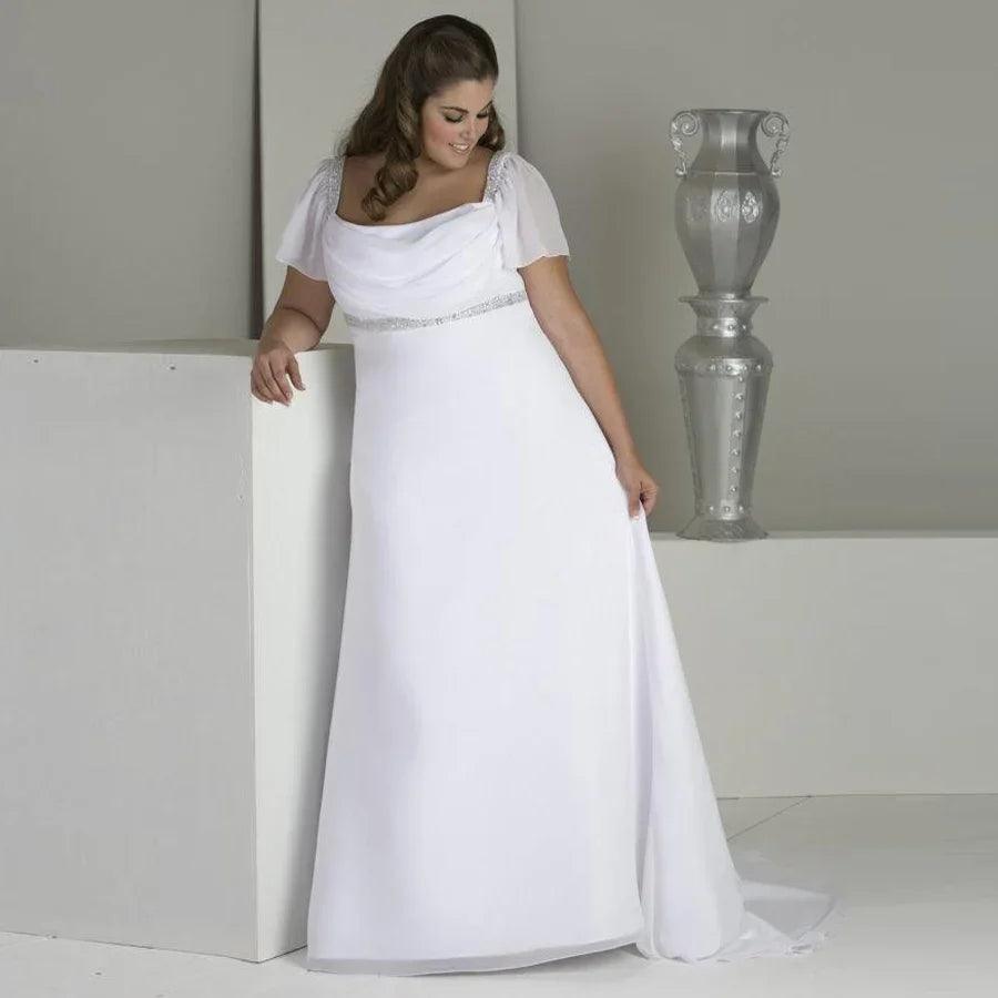Square Neck Plus Size Wedding Dress Short Sleeves Beading Sequins Chif – NumberSea