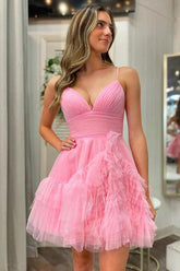 Cute A-Line Spaghetti Straps Pink Tulle Homecoming Party Dress