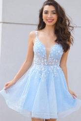 Cute V Neck Light Blue Lace Floral Short Prom Homecoming Dresses
