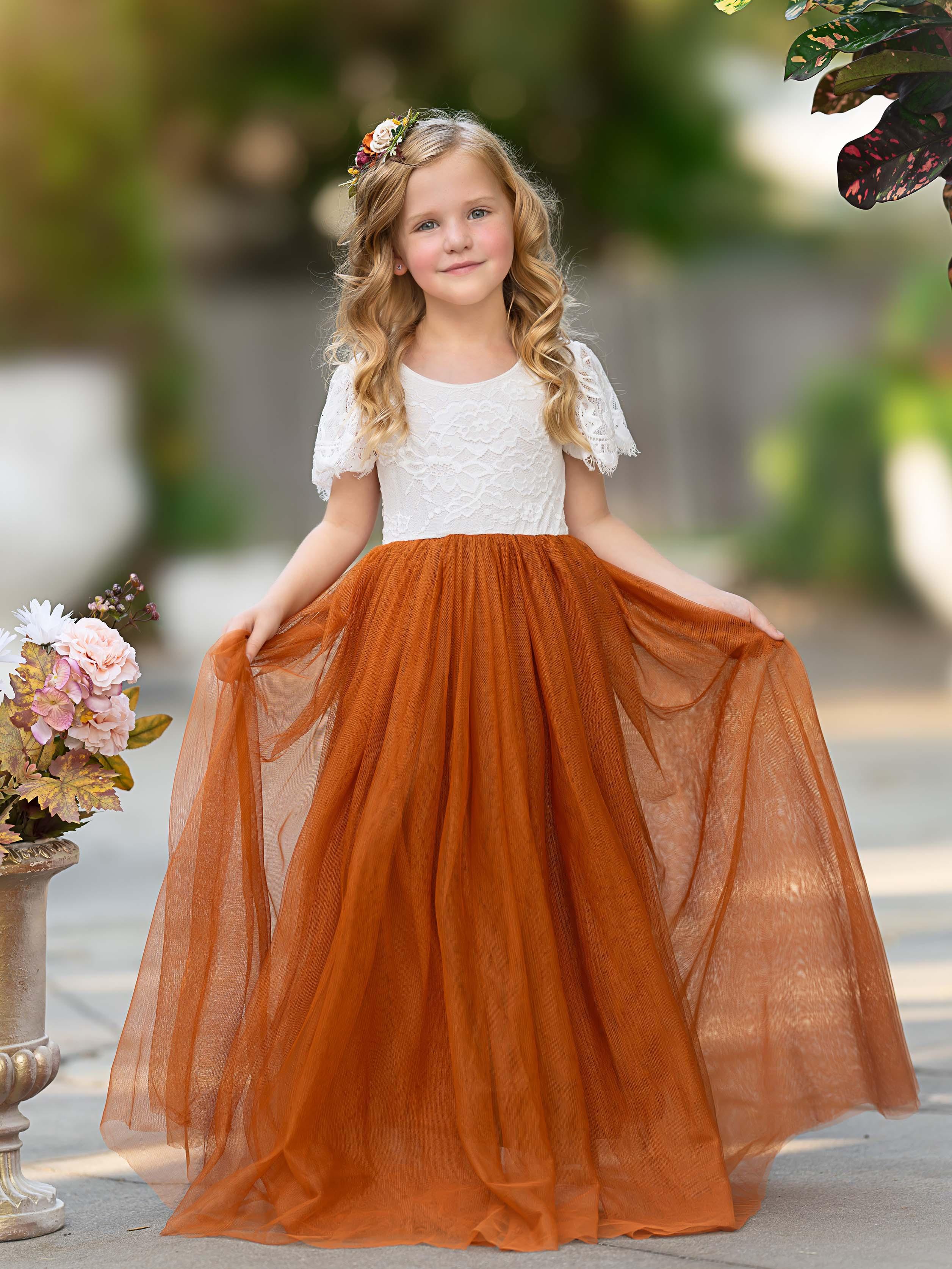 Lace Ankle-length Burnt Orange Boho Flower Girl Dress – NumberSea