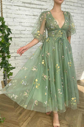 Elegant Green Tea Length Half Sleeves Prom Dresses Short Homecoming Dresses PSK362