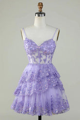 Glitter Lace Corset Ruffle Tiered Lavender Homecoming Dress