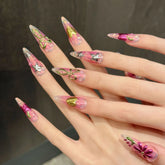 Island Vacation Style Spicy Girl Painted Magic Mirror pink Floral Handcrafted Wearable Nails