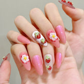 3D Press on Nails Hand-painted Strawberry Egg Flower Nails for Spring and Summer, Fully Handmade