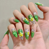 Green embossed floral wavy cat-eye handmade wearable nails