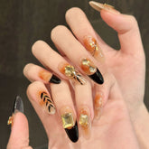 Autumn and Winter Amber Gradient French Gold Foil Long False Nails