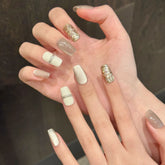 Milk White champagne Gold Glitter Mirror Surface Minimalist Wide Light Cat-eye Short Wear-on Nails