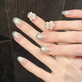 New Style Icy Blue Cat-eye Nail Art with clear Filigree Designs on Short, Handcrafted Wearable Nails