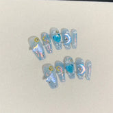 High-grade Luxury Gradient Blue Long Trapezoid Rhinestones Design False Soft Nails
