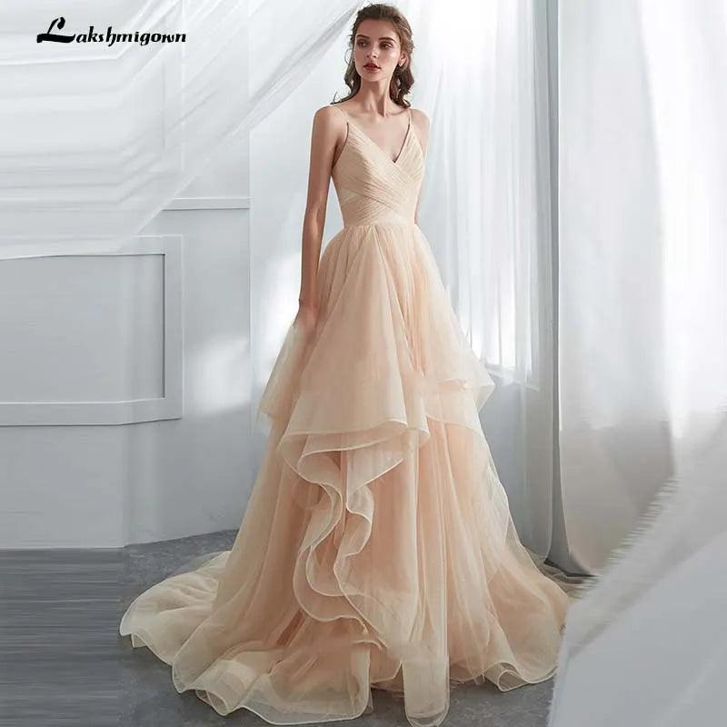 NumberSea-NumberSea Romantic Spaghetti Straps Champagne Puffy Long Ruffled Soft Tulle Ball Gown Wedding Dress Bridal Dresses Vestido De Noiva
